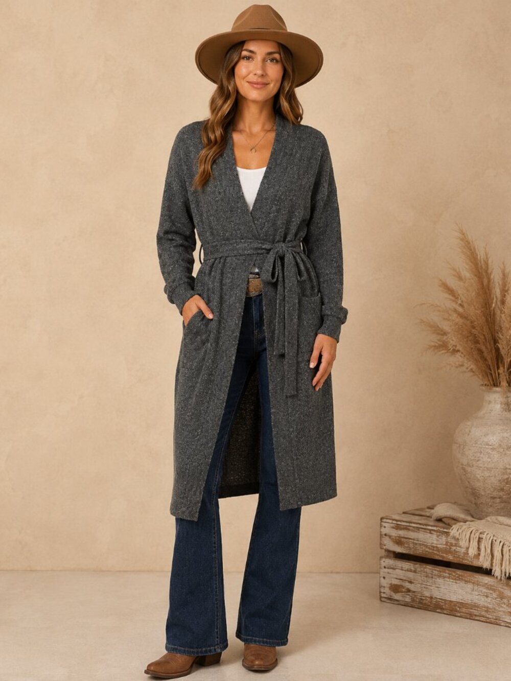 Eighty Threads Charcoal Self Tie Wrap Midi Dress/Sweater Wrap NWT L